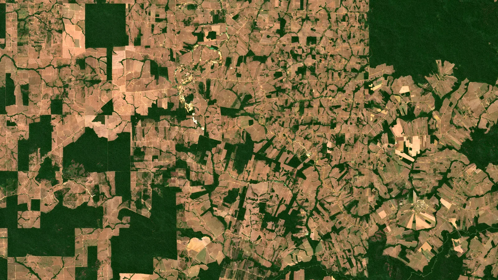 Composição em cor verdadeira (bandas B04, B03 e B02) de Machadinho d'Oeste, Rondônia: floresta em verde-escuro e pastagens em marrom-claro.
